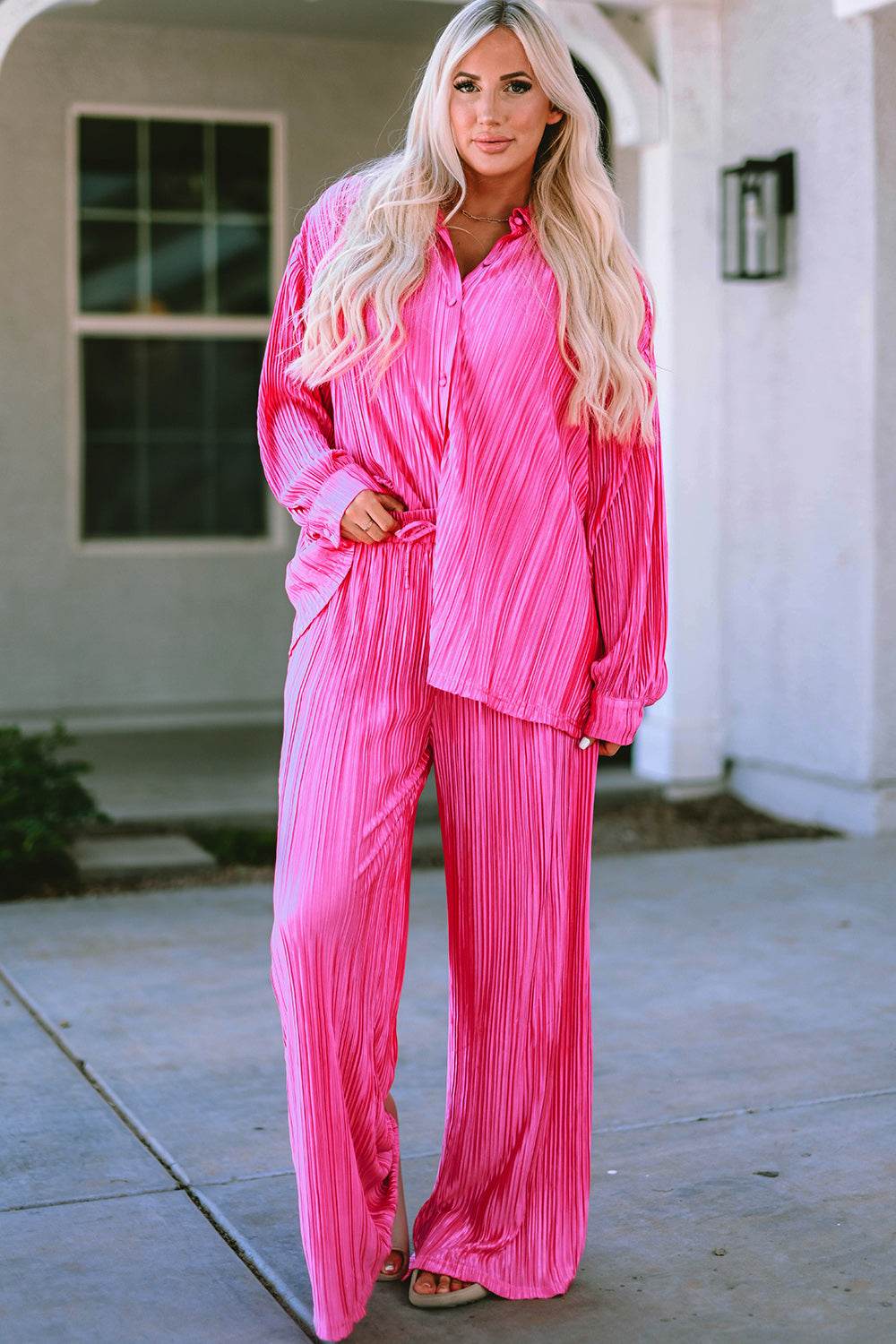 Pleated Button Up Shirt and Wide-Leg Pants Set - DaTrendStore.Com