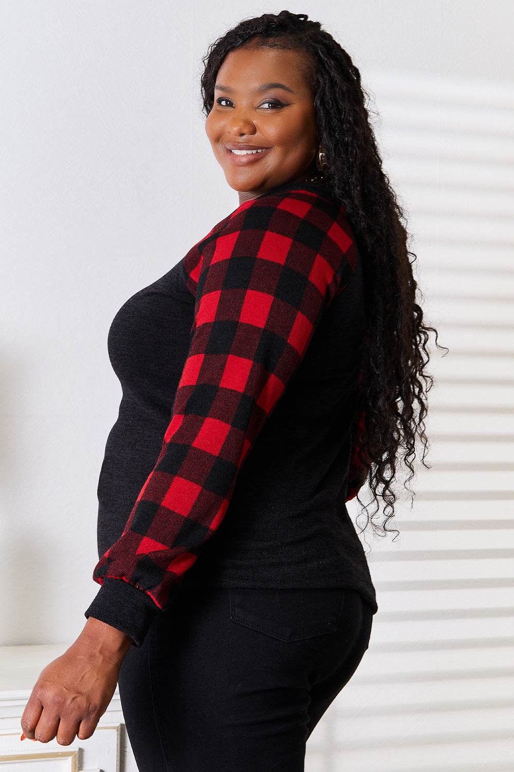 Heimish Full Size Sequin Reindeer Graphic Plaid Top - DaTrendStore.Com