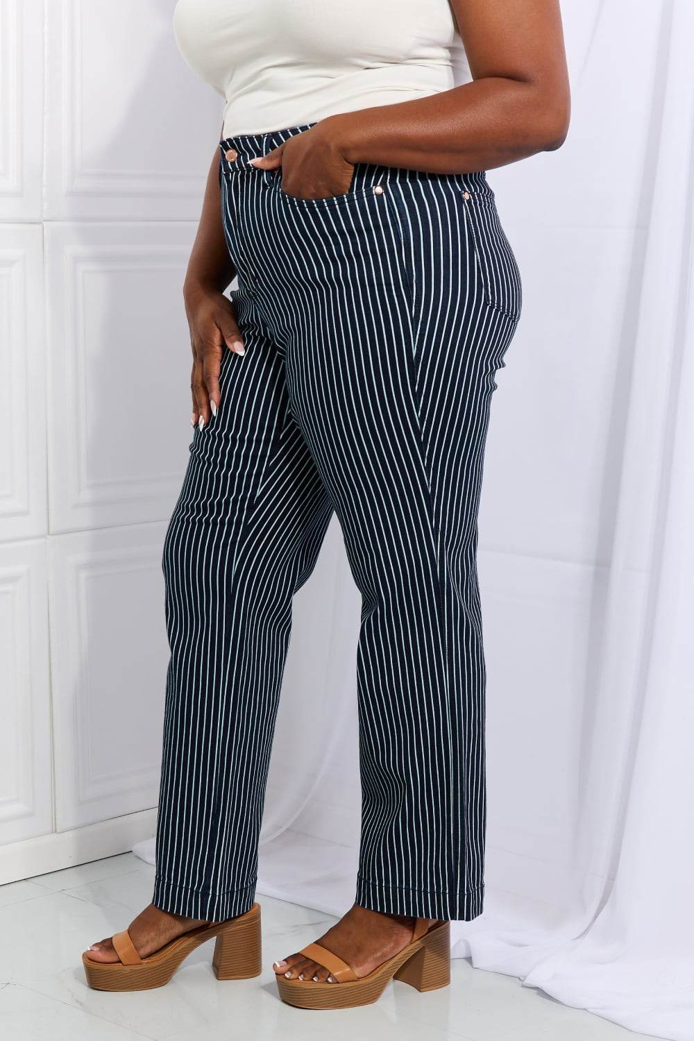 Judy Blue Cassidy Full Size High Waisted Tummy Control Striped Straight Jeans - DaTrendStore.Com