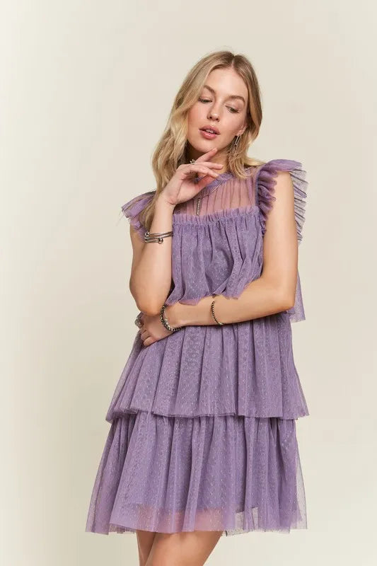 ADORA Mauve Ruffled Cap-Sleeve Mesh Dress