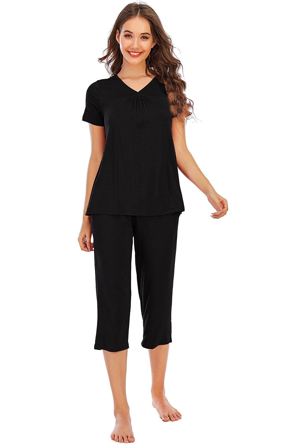 V-Neck Short Sleeve Top and Pants Lounge Set - DaTrendStore.Com