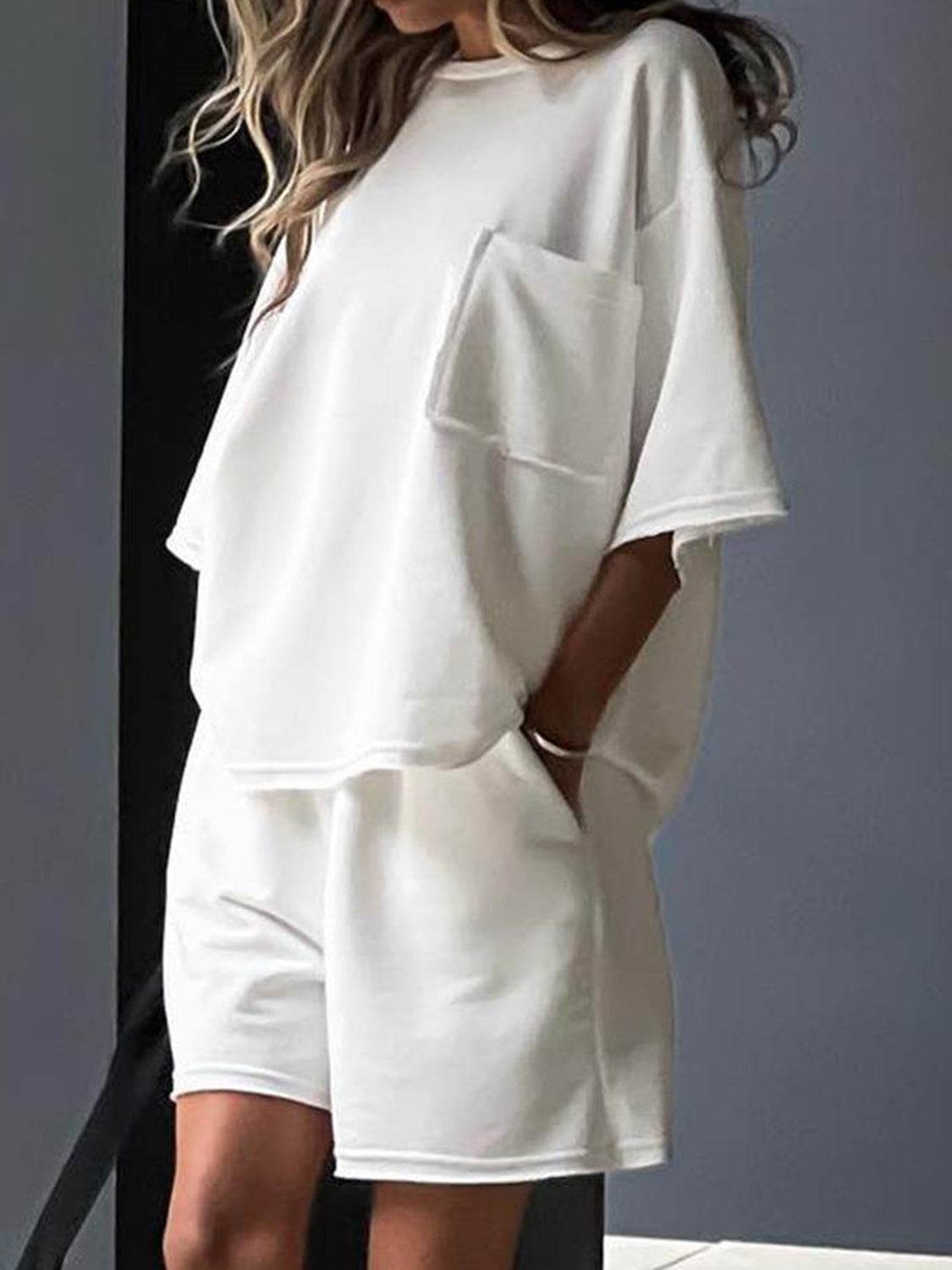 Pocketed Round Neck Half Sleeve Top and Shorts Set - DaTrendStore.Com