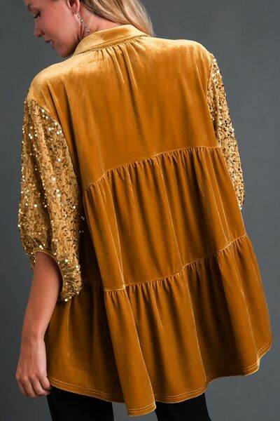 Umgee Sequin Detail Tiered Back Half Sleeve Shirt - DaTrendStore.Com