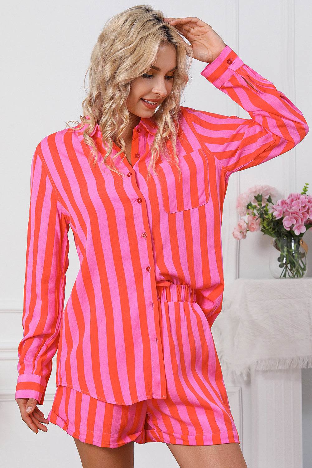 Striped Pocketed Button Up Shirt and Shorts Set - DaTrendStore.Com