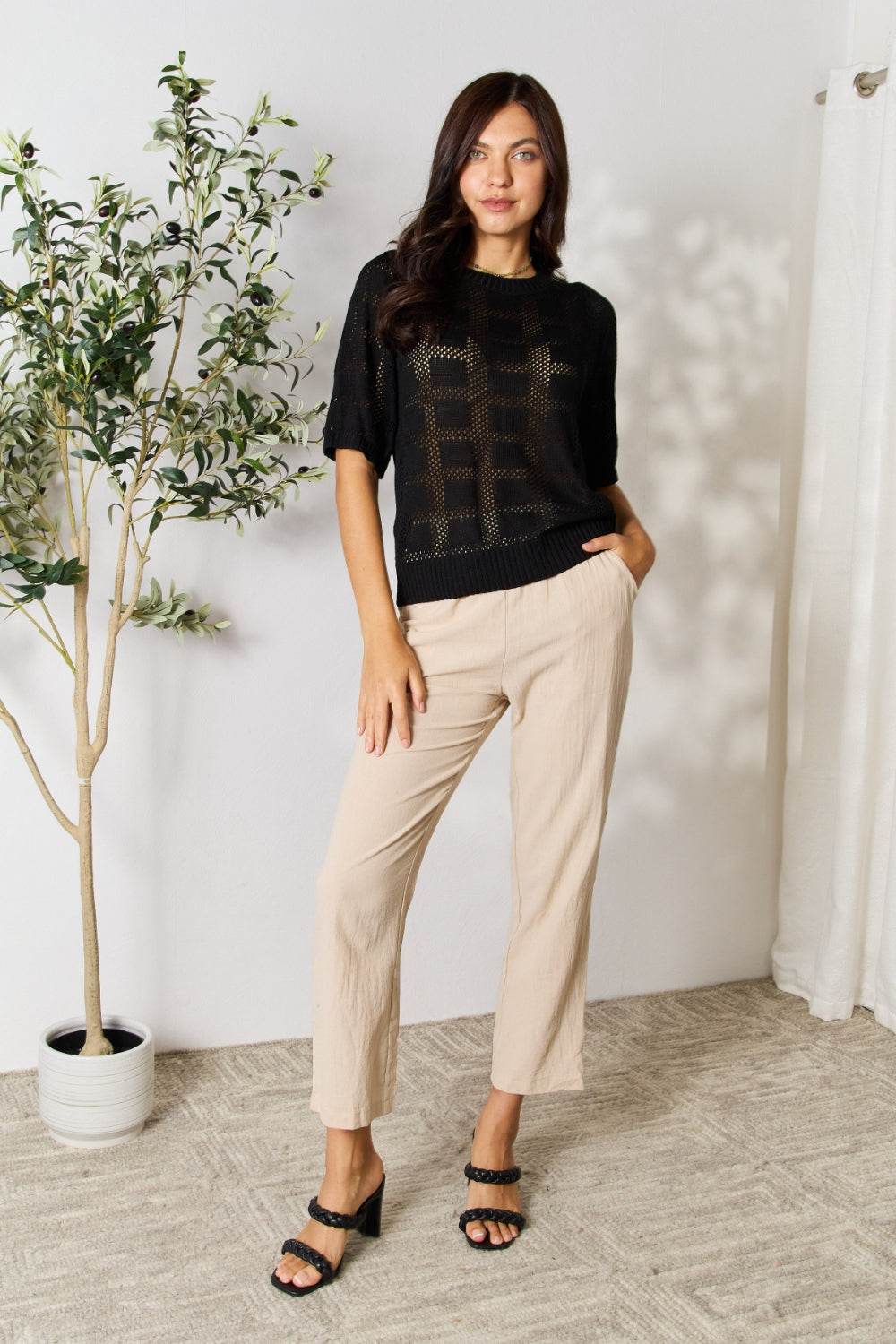 Mandy Ribbed Trim Round Neck Knit Top - DaTrendStore.Com
