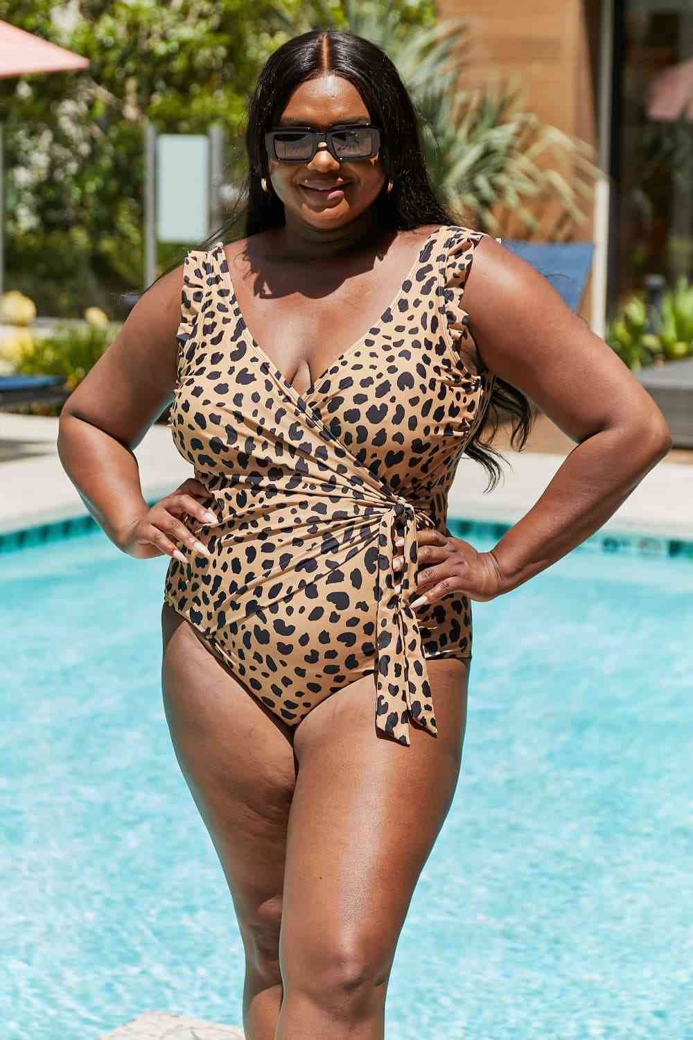 Marina West Swim Full Size Float On Ruffle Faux Wrap One-Piece in Leopard - DaTrendStore.Com