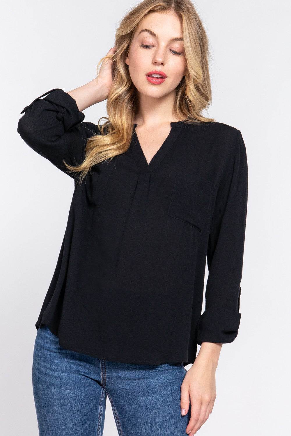 ACTIVE BASIC Full Size Notched Long Sleeve Woven Top - DaTrendStore.Com