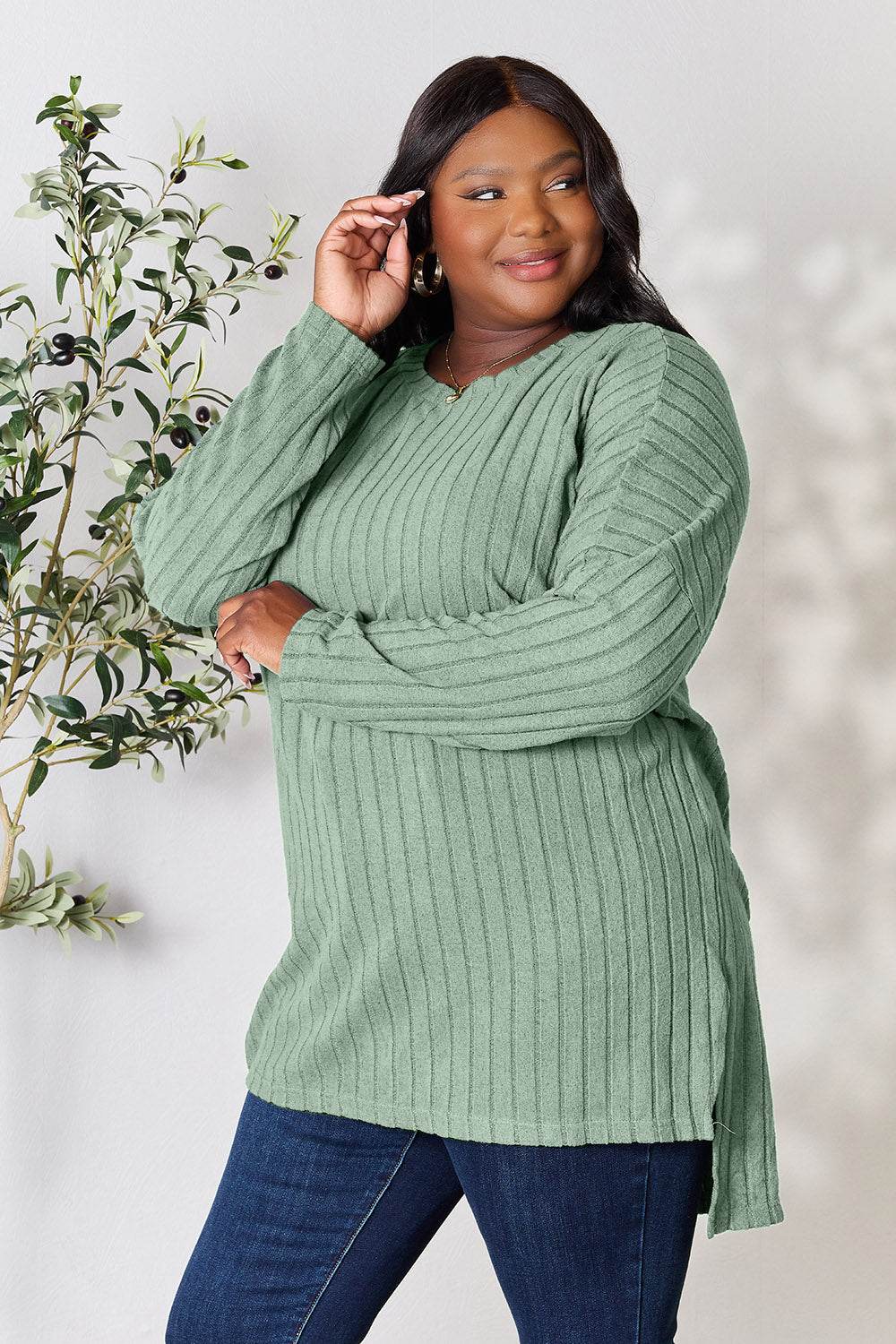 Basic Bae Full Size Ribbed Round Neck Long Sleeve Slit Top - DaTrendStore.Com
