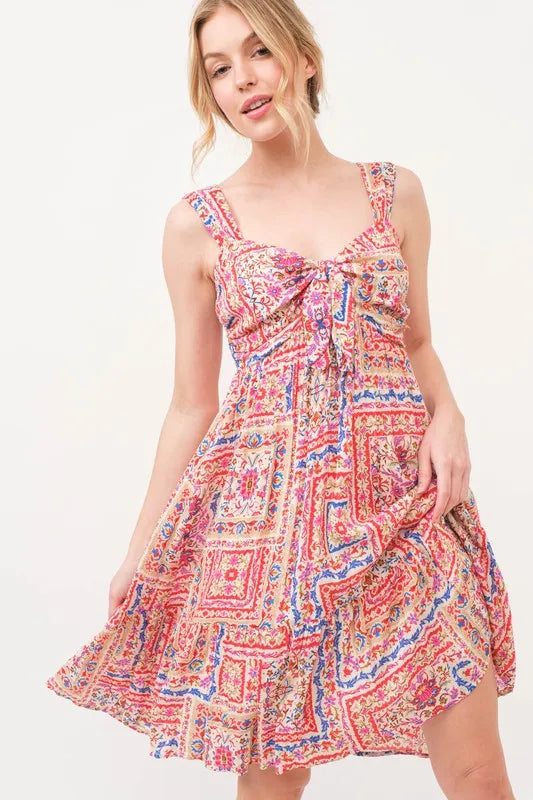 And The Why Red Boho Tiered Tie-Front Dress