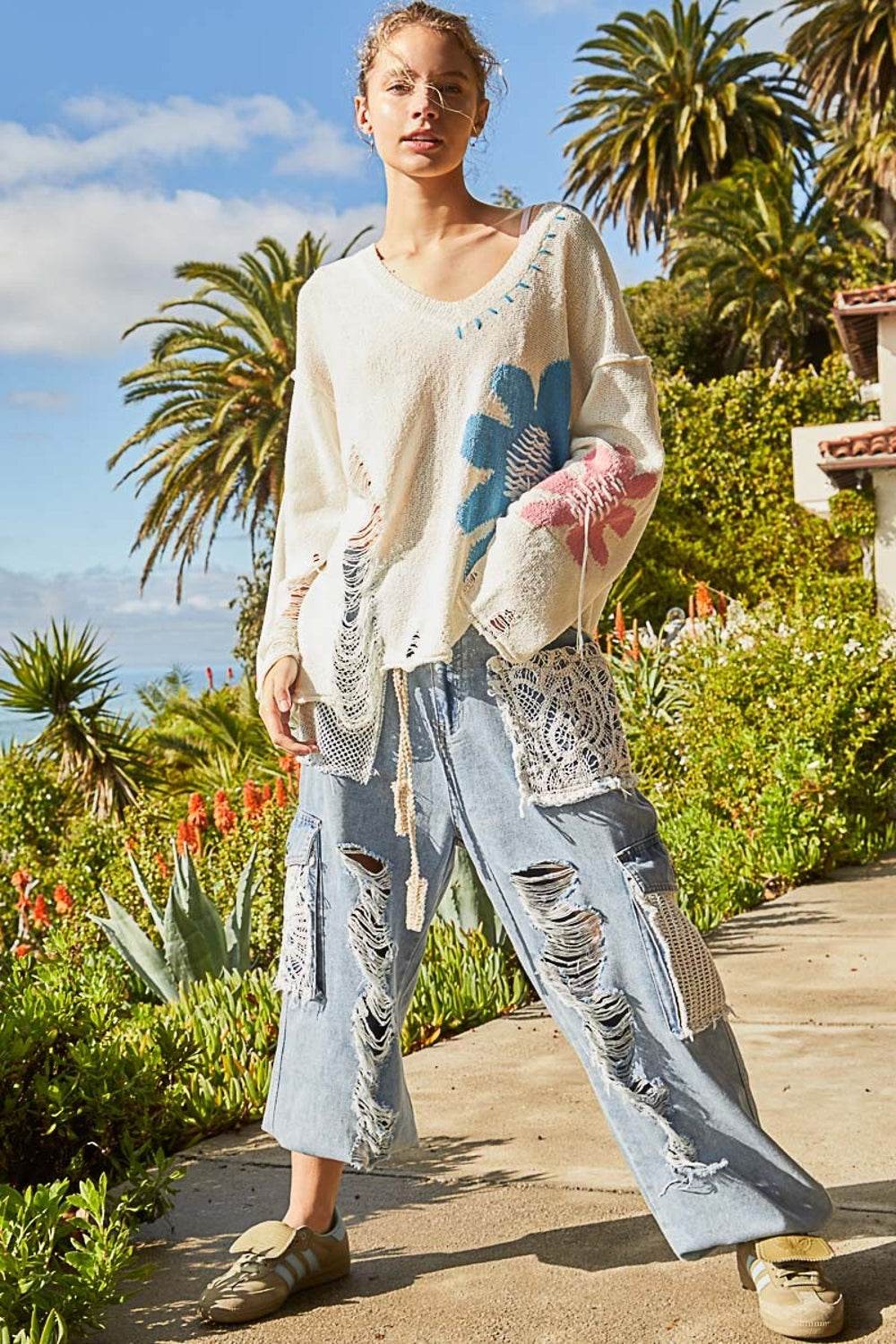 POL Distressed Flower V-Neck Dropped Shoulder Knit Top - DaTrendStore.Com