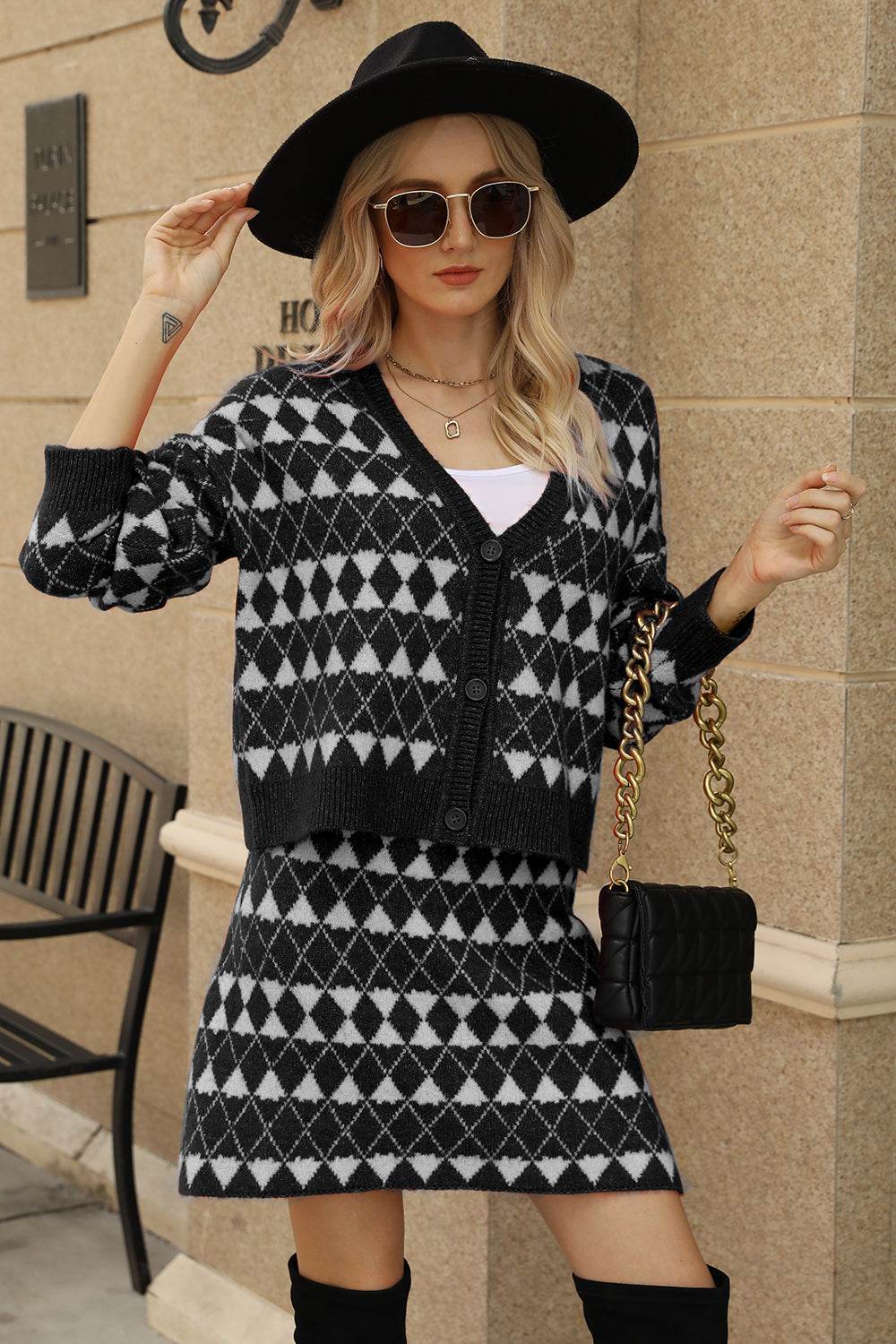 Geometric Button Front Cardigan and Skirt Set - DaTrendStore.Com
