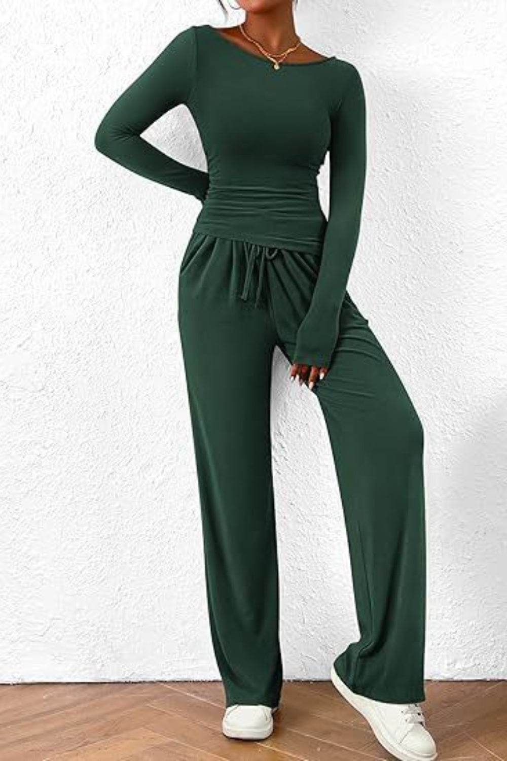 Round Neck Long Sleeve Top and Pants Set - DaTrendStore.Com