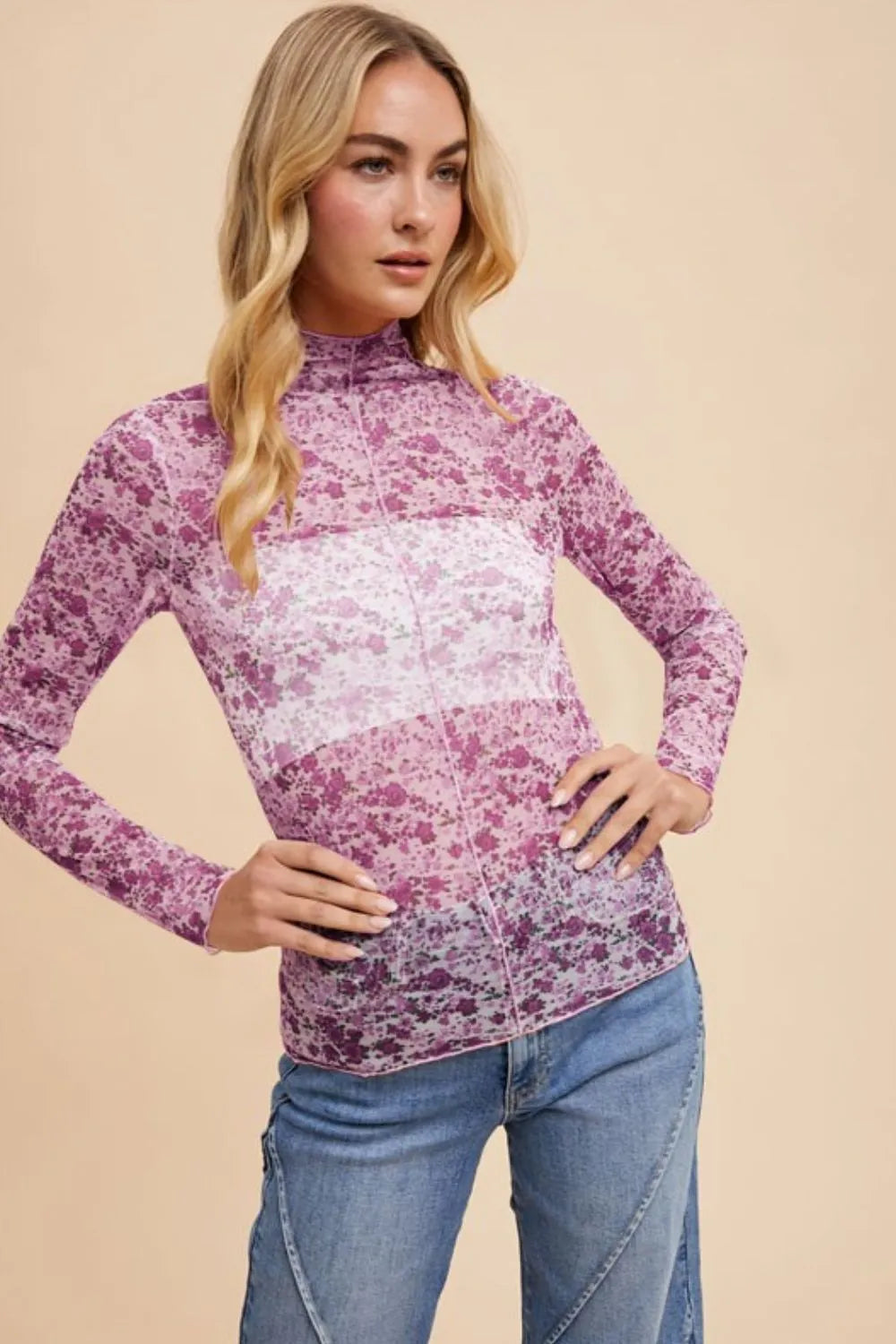 Annie Wear Ivory/Purple Floral Mesh Top
