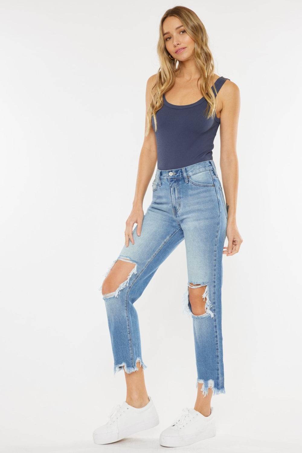 Kancan High Waist Chewed Up Straight Mom Jeans - DaTrendStore.Com