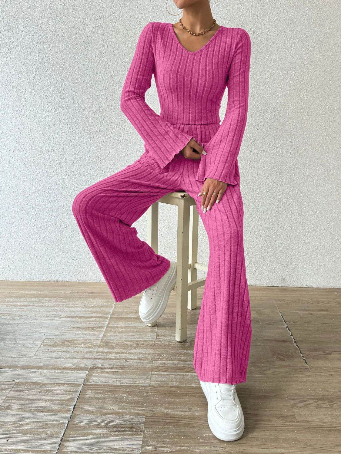 Ribbed V-Neck Long Sleeve Top and Pocketed Pants Set - DaTrendStore.Com
