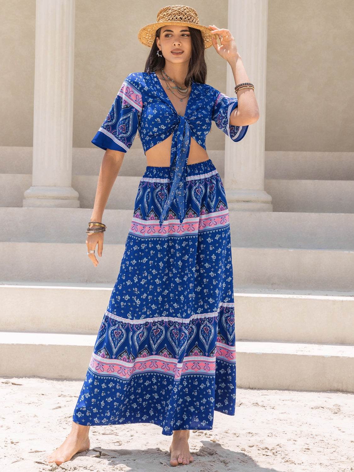 Printed Flutter Sleeve Top and Skirt Set - DaTrendStore.Com