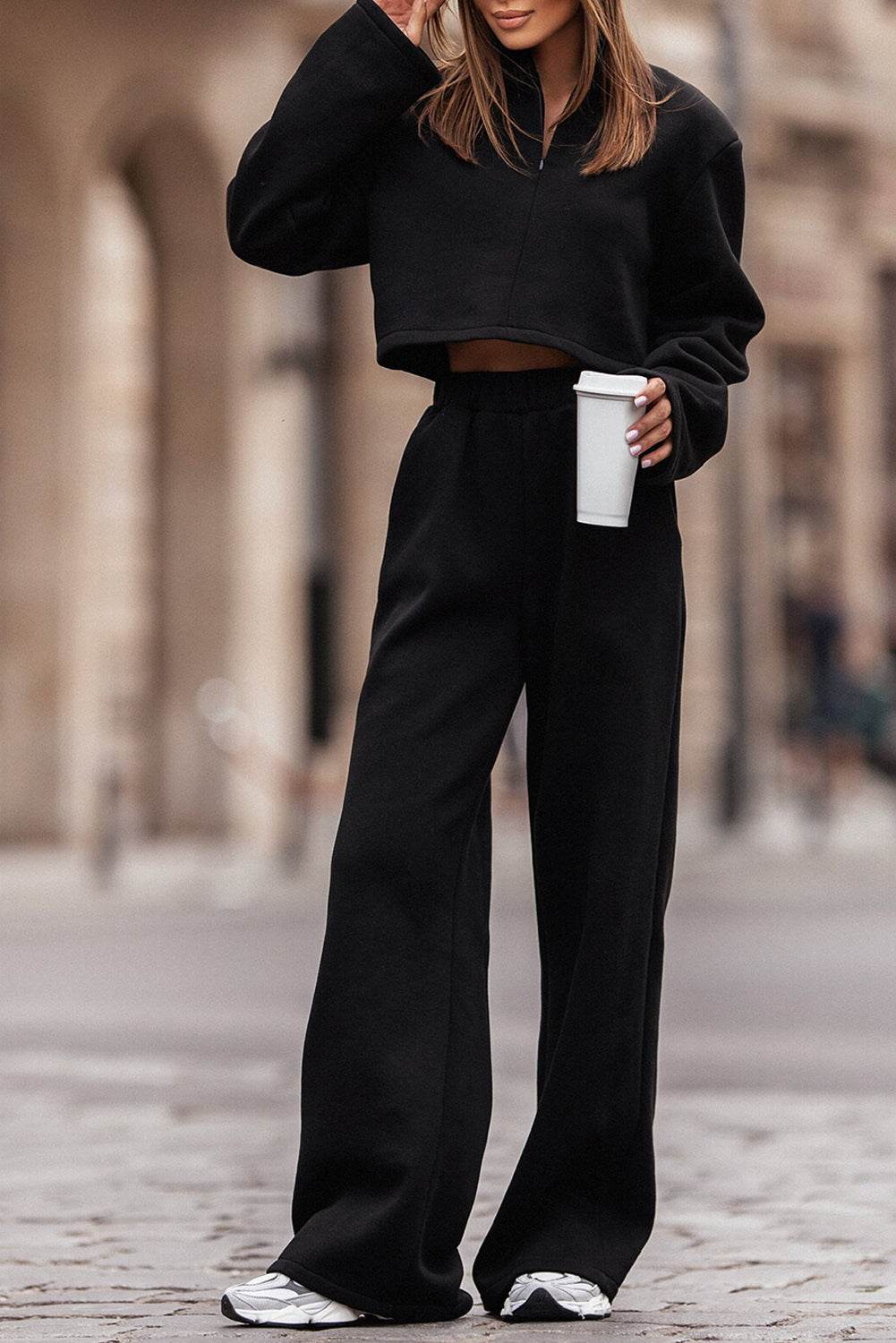 Zip Up Mock Neck Top and Pants Set - DaTrendStore.Com