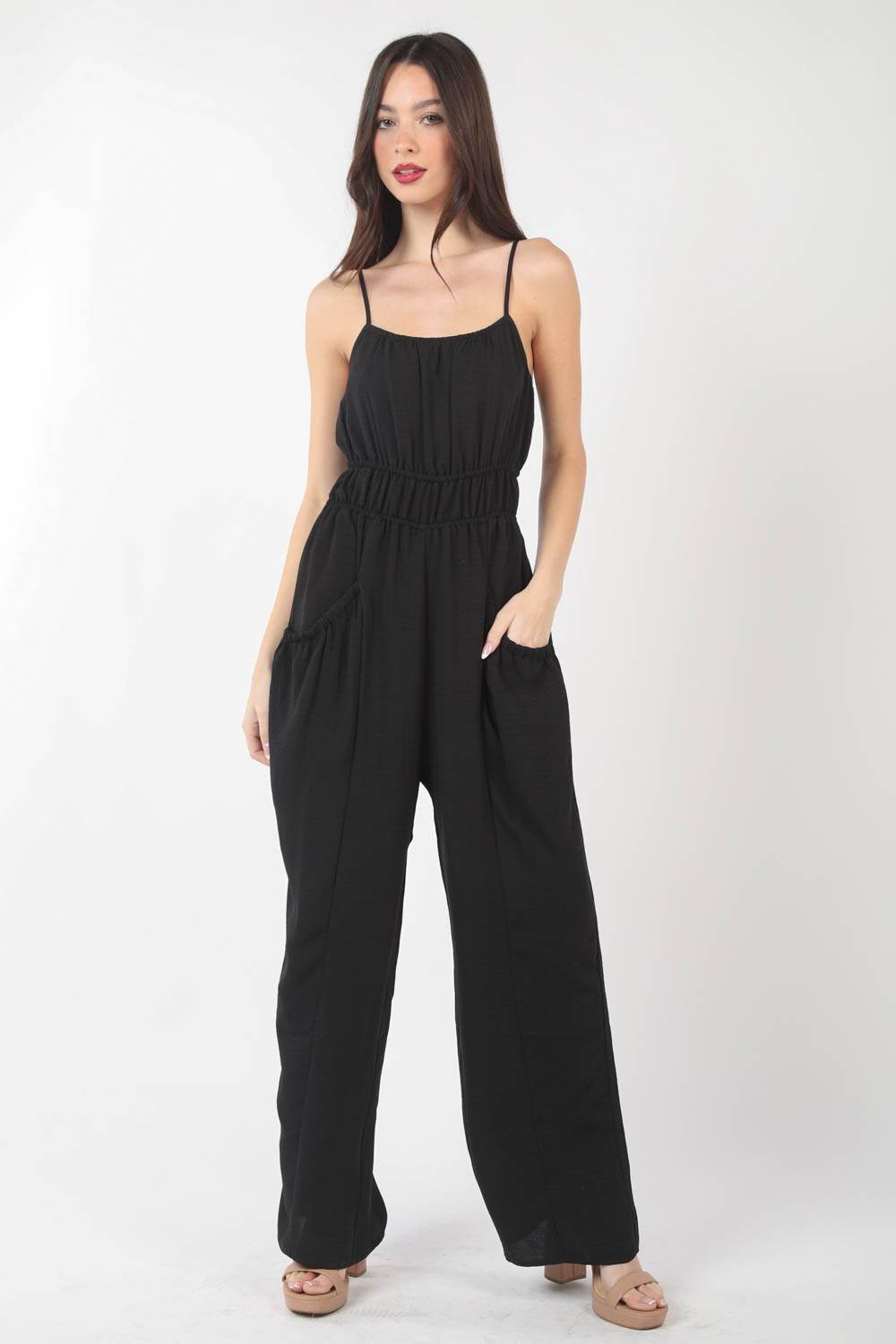 VERY J Pintuck Detail Woven Sleeveless Jumpsuit - DaTrendStore.Com