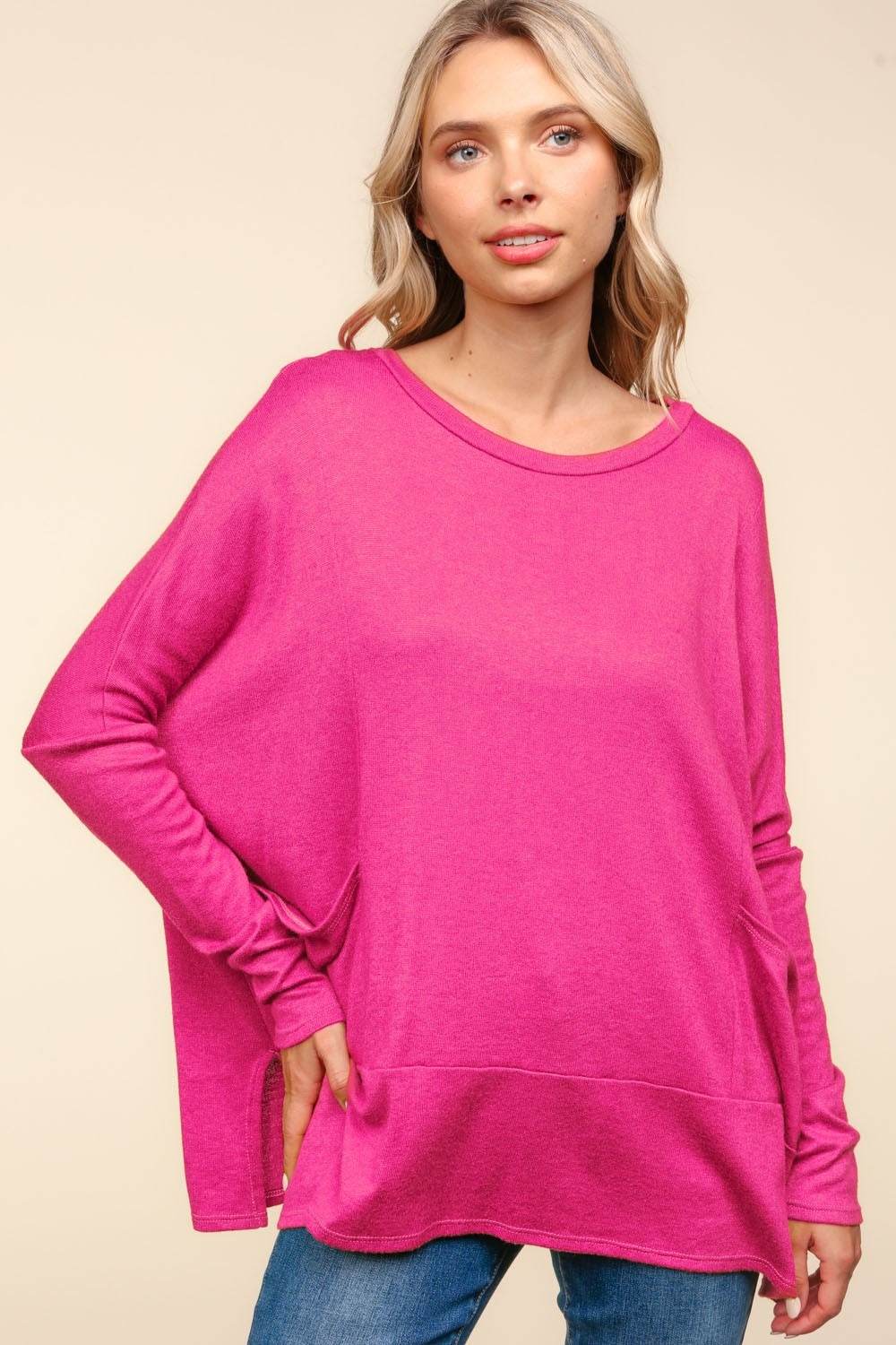 Haptics Dolman Long Sleeve Oversized Knit Top with Pockets - DaTrendStore.Com