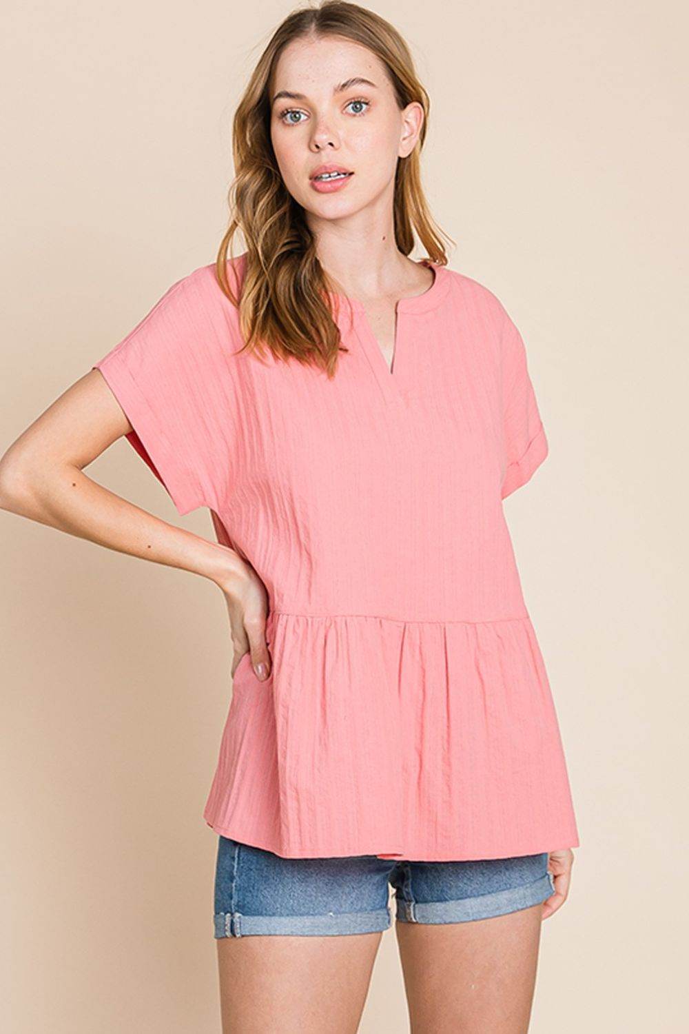 Cotton Bleu by Nu Label Notched Short Sleeve Peplum Top - DaTrendStore.Com