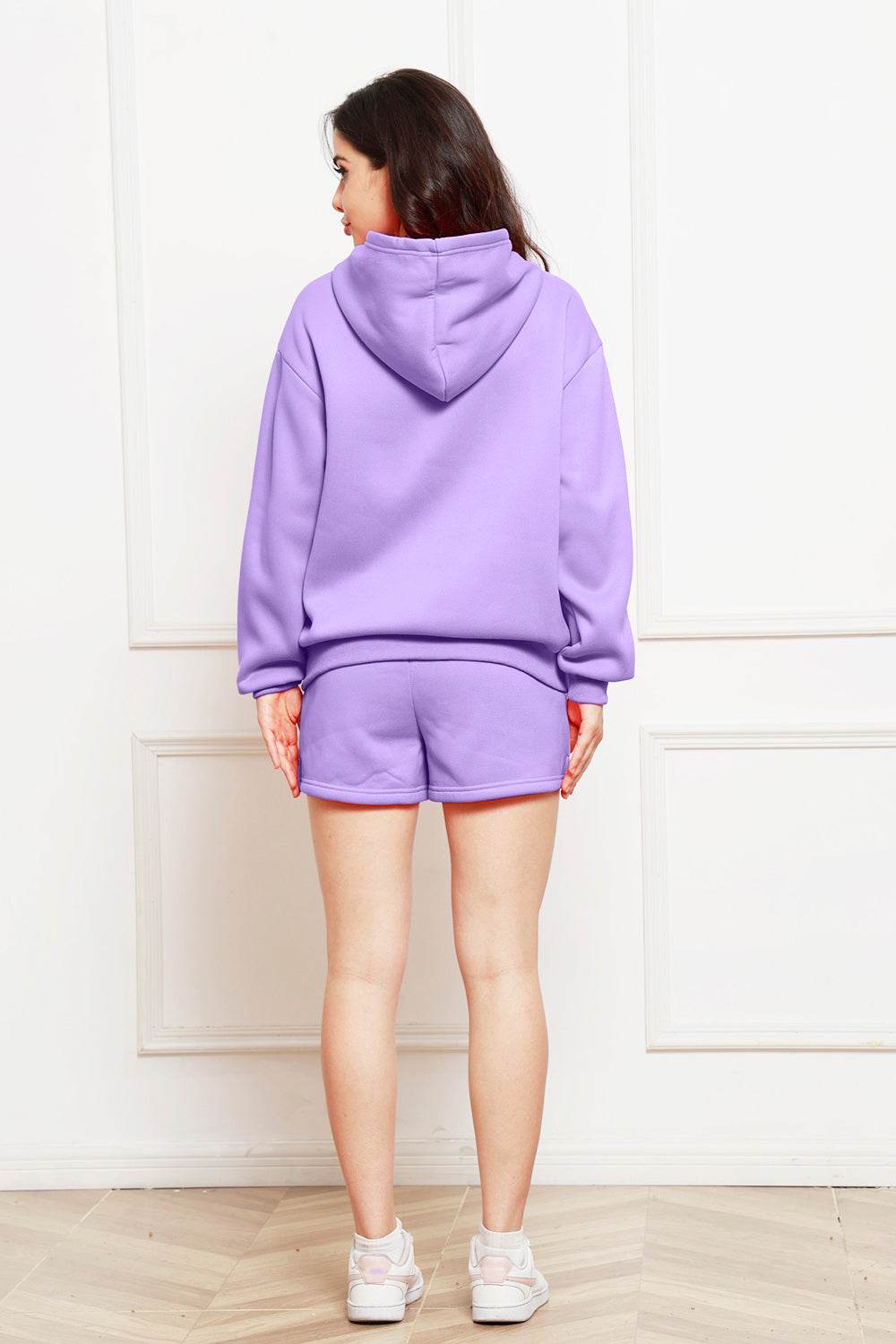 Drop Shoulder Long Sleeve Hoodie and Shorts Set - DaTrendStore.Com
