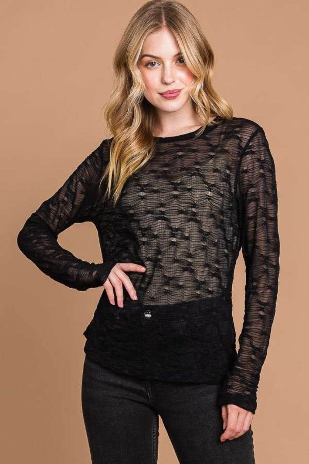 Culture Code Full Size Round Neck Mesh Perspective Top - DaTrendStore.Com