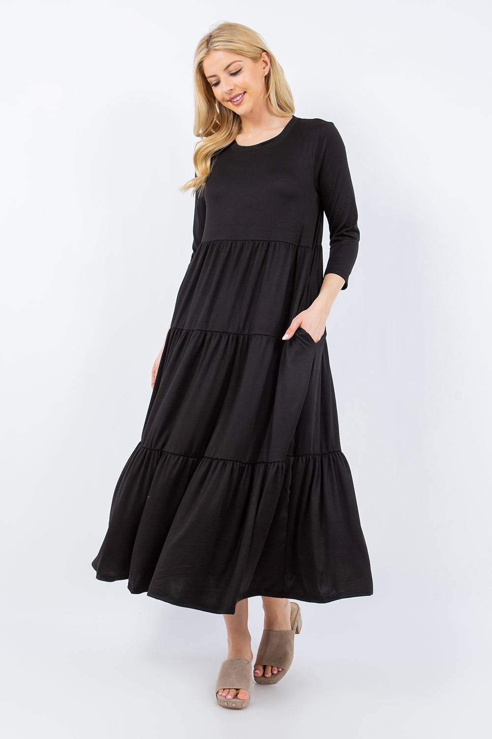 Celeste Full Size Tiered Midi Dress with Pockets - DaTrendStore.Com