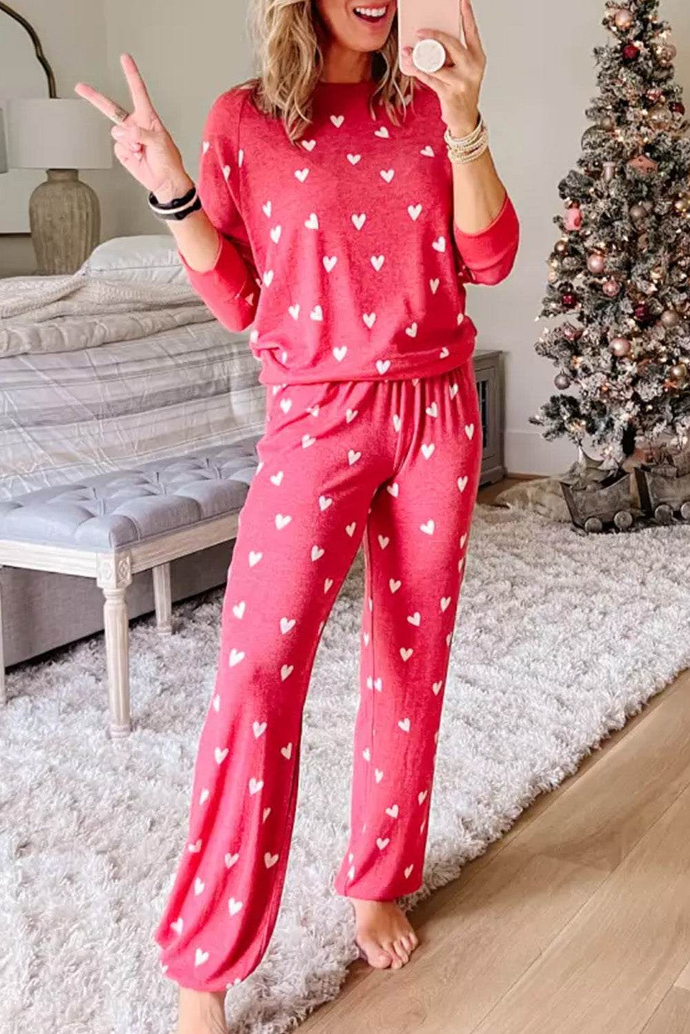 Heart Round Neck Top and Pants Set - DaTrendStore.Com