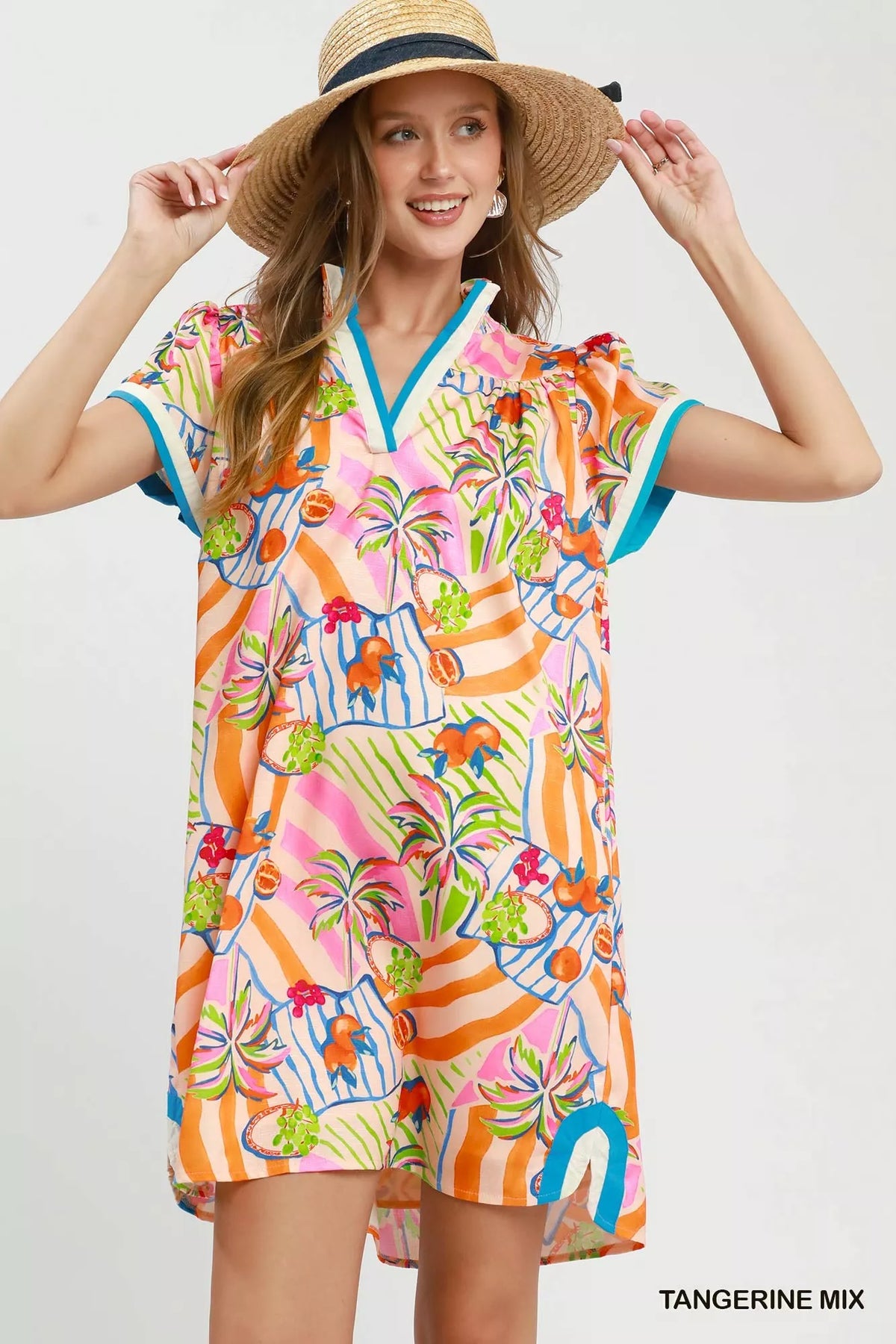 Umgee Tropical Print Collared Shift Dress - Tangerine Mix