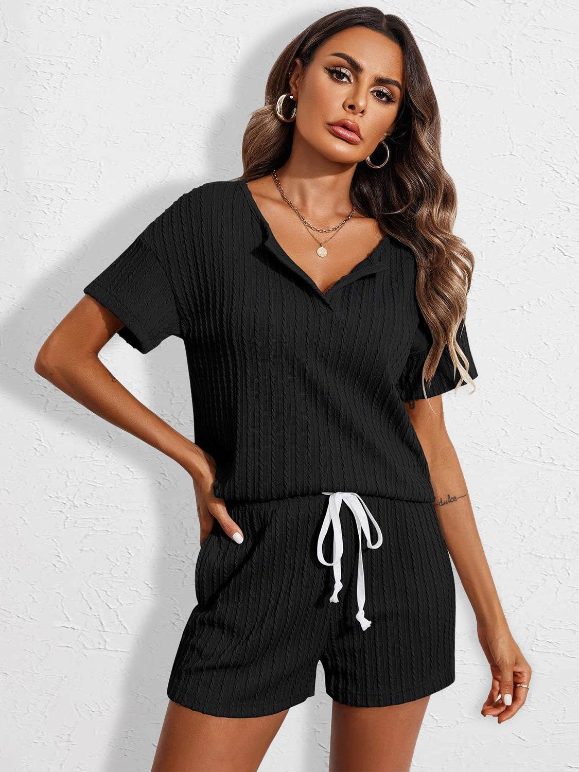 Notched Short Sleeve Top and Shorts Set - DaTrendStore.Com