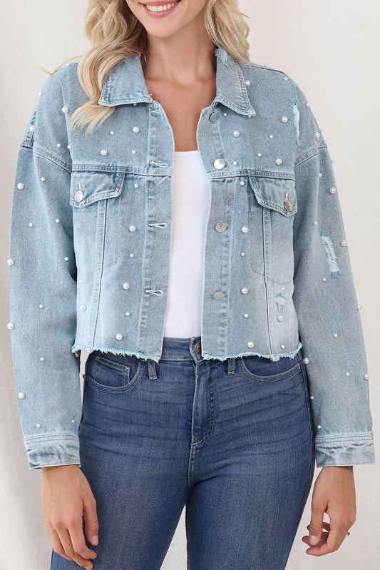 Distressed Pearl Trim Button Up Denim Jacket