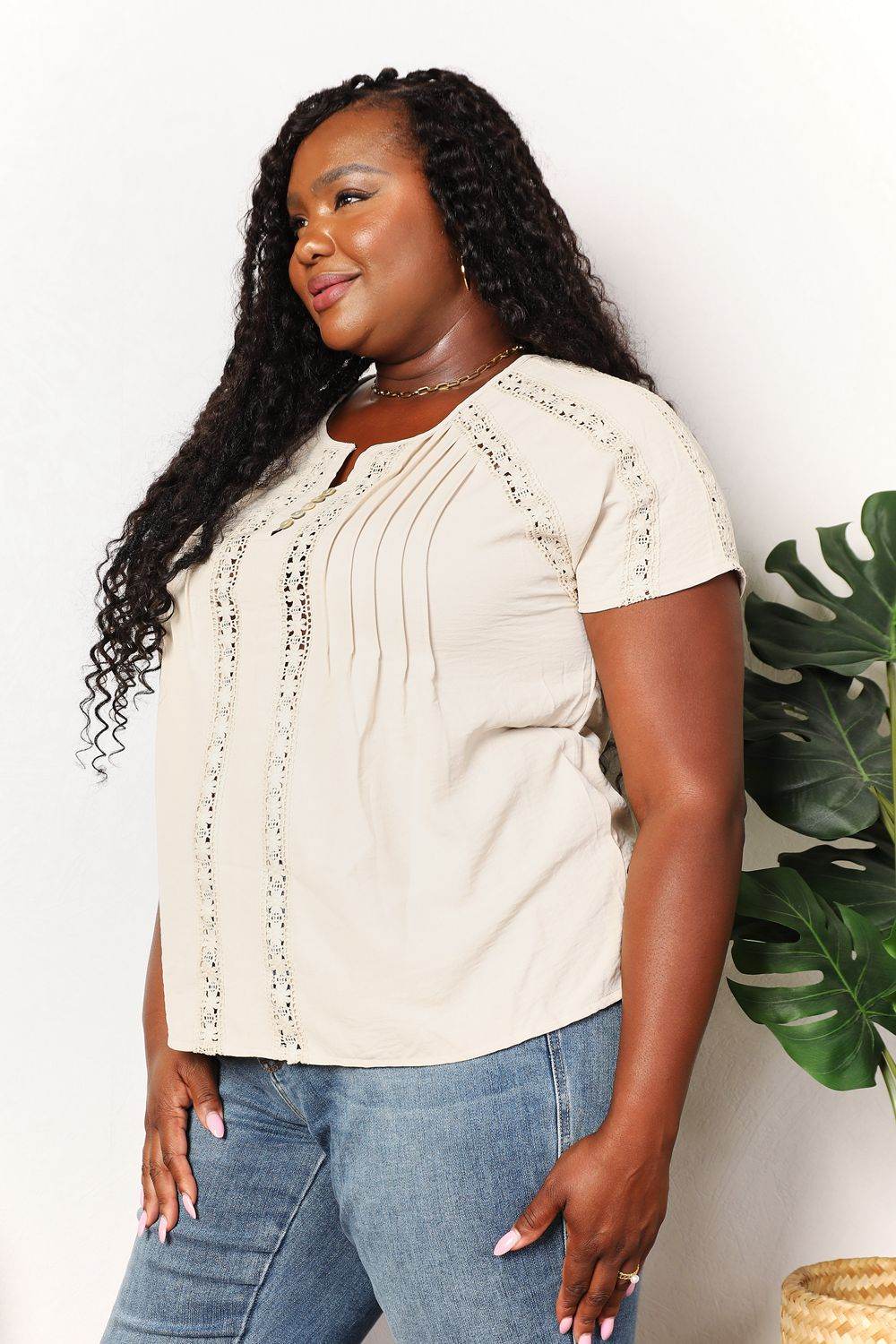Double Take Crochet Buttoned Short Sleeves Top - DaTrendStore.Com