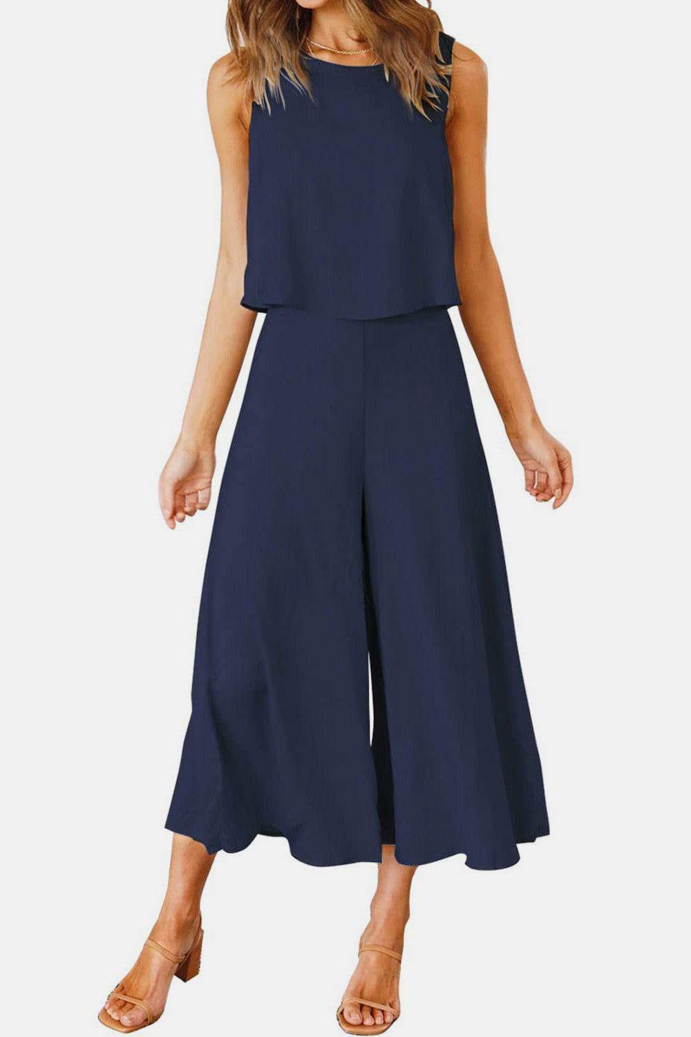 Round Neck Top and Wide Leg Pants Set - DaTrendStore.Com