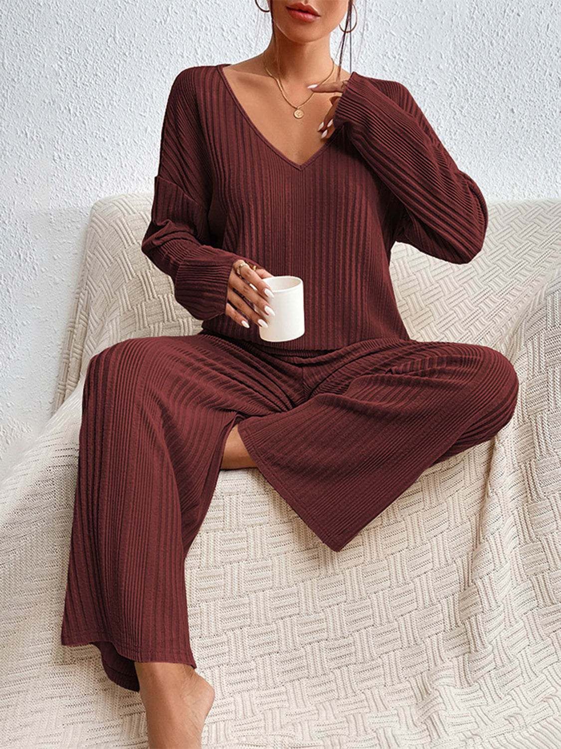 V-Neck Long Sleeve Top and Pants Set - DaTrendStore.Com