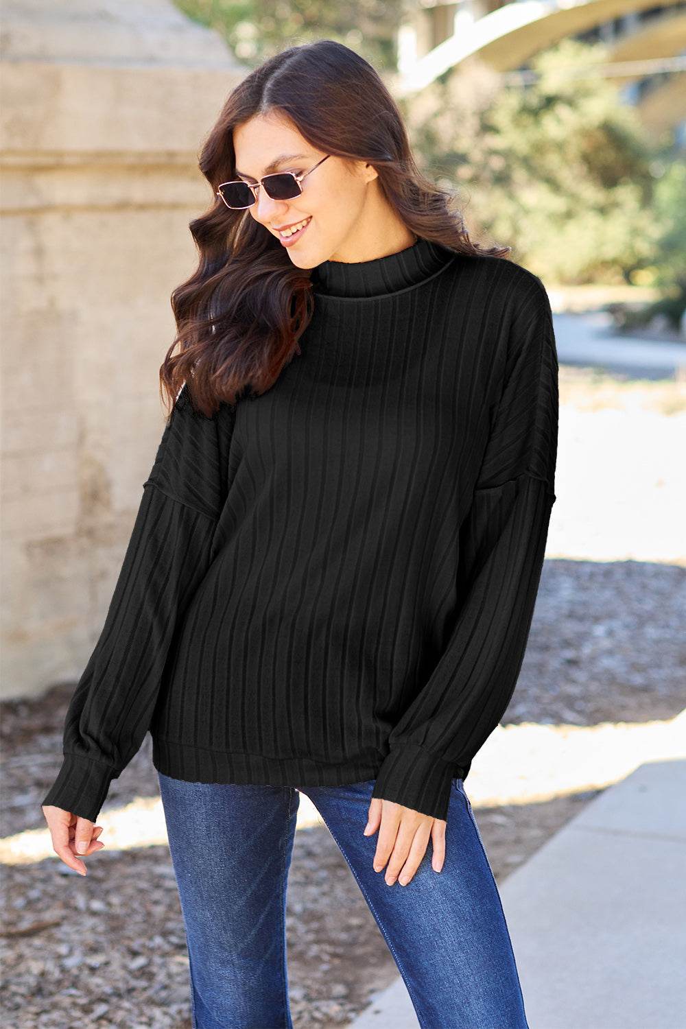 Basic Bae Full Size Ribbed Exposed Seam Mock Neck Knit Top - DaTrendStore.Com