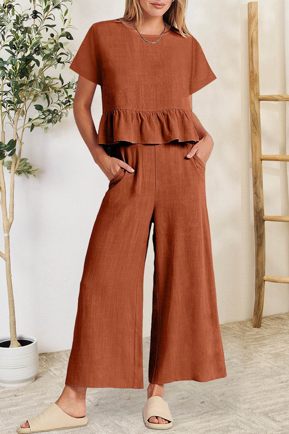 Peplum Round Neck Short Sleeve Top and Pants Set - DaTrendStore.Com
