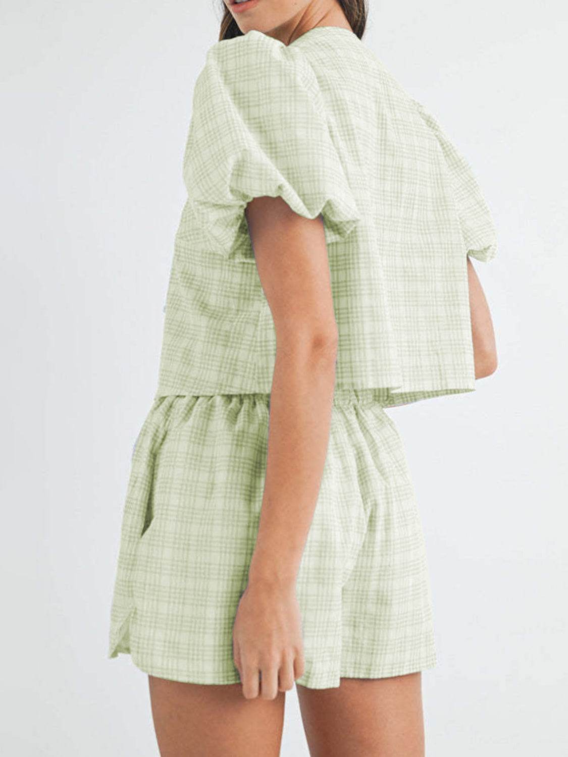 V-Neck Puff Sleeve Top and Shorts Set - DaTrendStore.Com