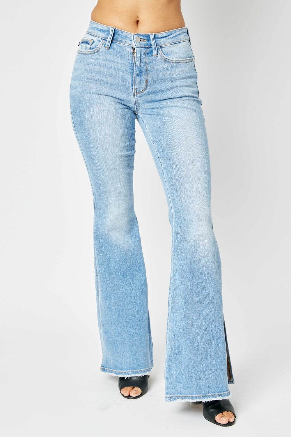 Judy Blue Full Size Mid Rise Raw Hem Slit Flare Jeans - DaTrendStore.Com