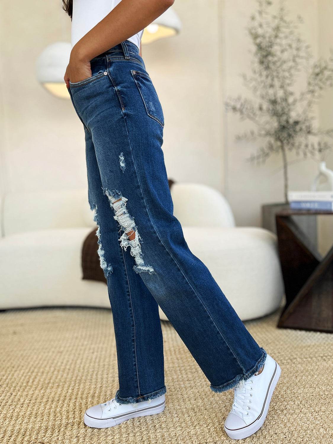 Judy Blue Full Size Mid Rise Distressed Raw Hem Jeans - DaTrendStore.Com