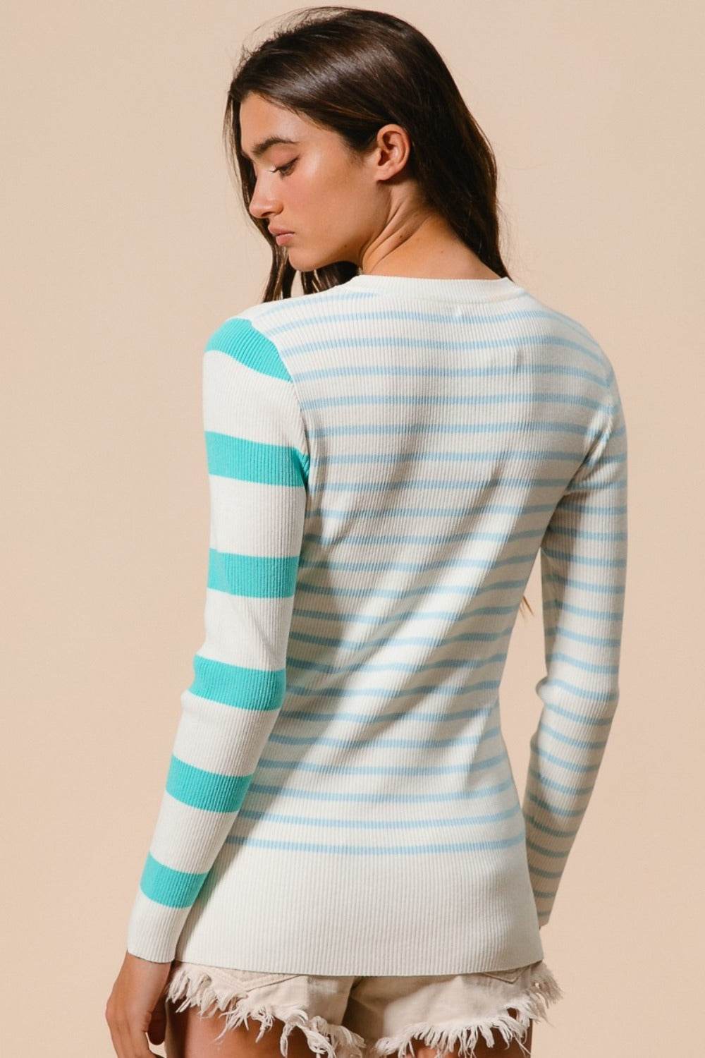 BiBi Contrast Striped Asymmetrical Hem Knit Top - DaTrendStore.Com