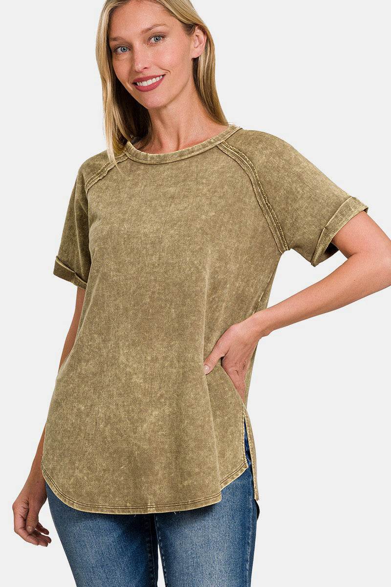Zenana Heathered Round Neck Short Sleeve Top - DaTrendStore.Com
