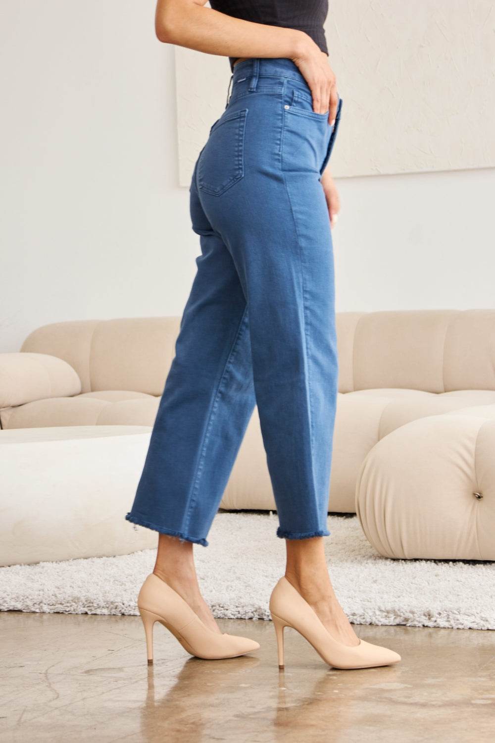 RFM Crop Chloe Full Size Tummy Control High Waist Raw Hem Jeans - DaTrendStore.Com