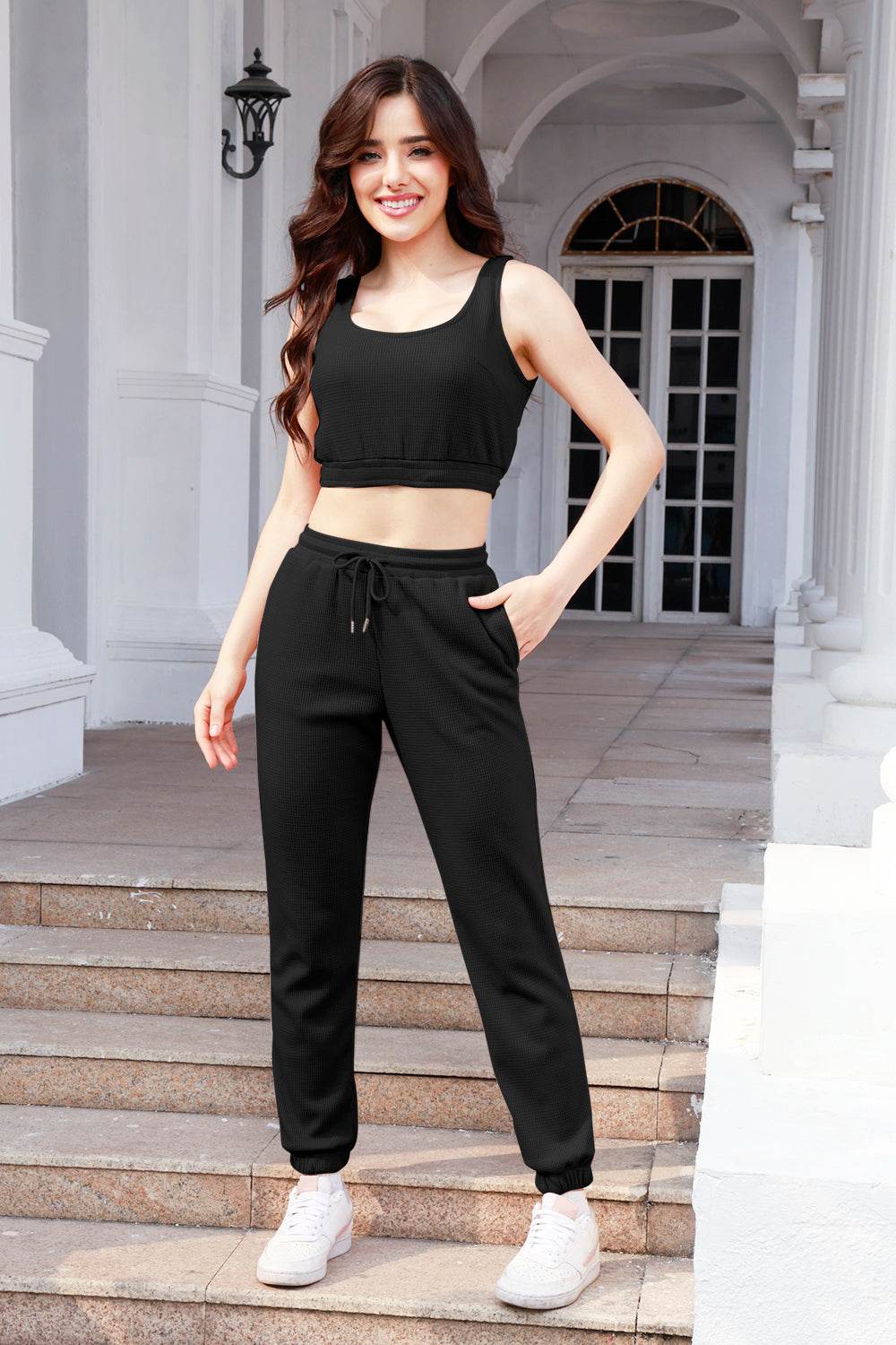 Waffle-Knit Cropped Tank and Drawstring Pants Set - DaTrendStore.Com