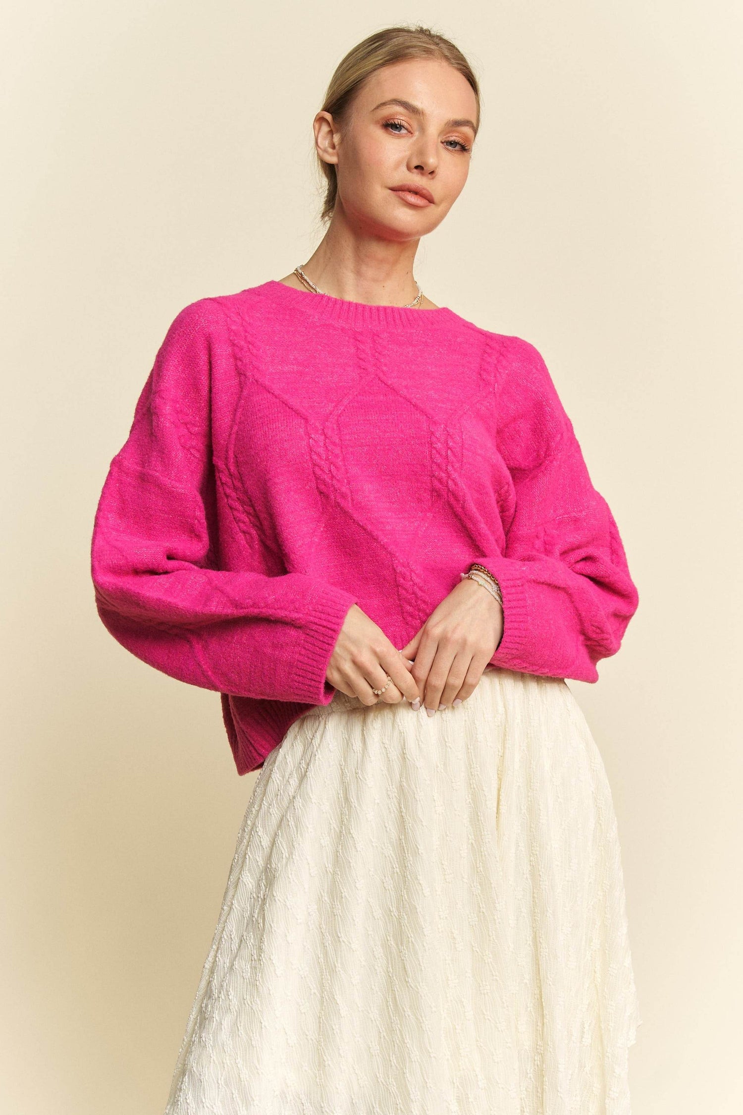 Davi & Dani Diamond Cable Pattern Drop Shoulder Sweater - DaTrendStore.Com