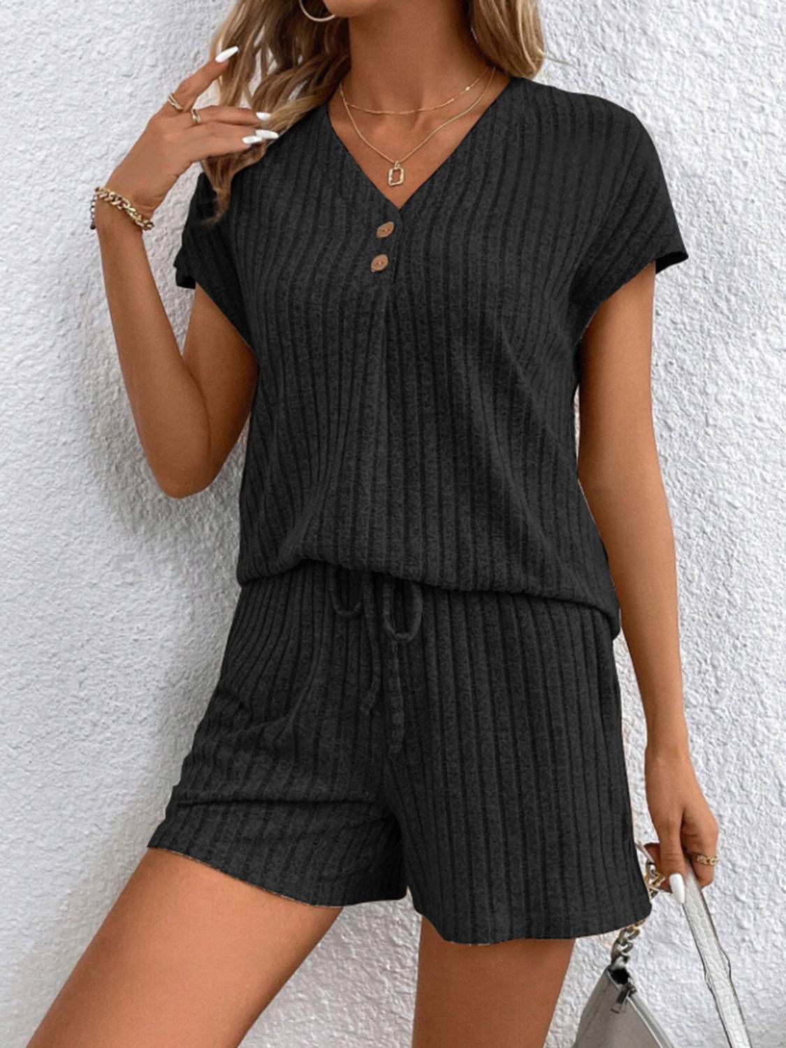 Ribbed V-Neck Top and Shorts Set - DaTrendStore.Com