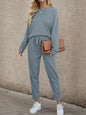 Shiny Round Neck Top and Drawstring Pants Set