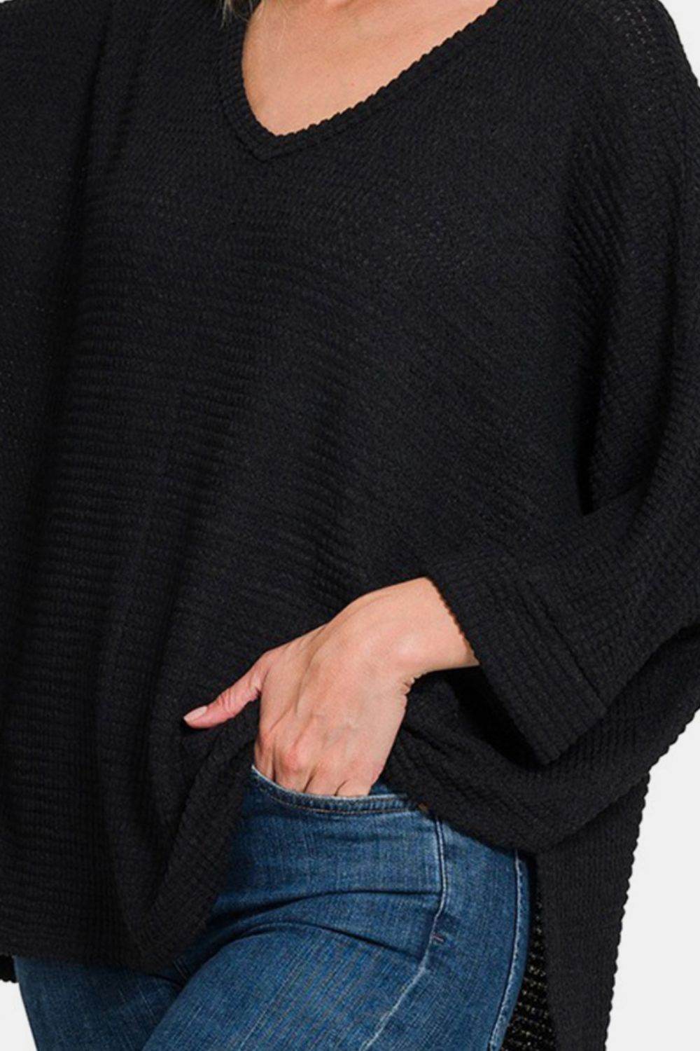 Zenana Full Size Waffle Knit V-Neck Long Sleeve Slit Top - DaTrendStore.Com