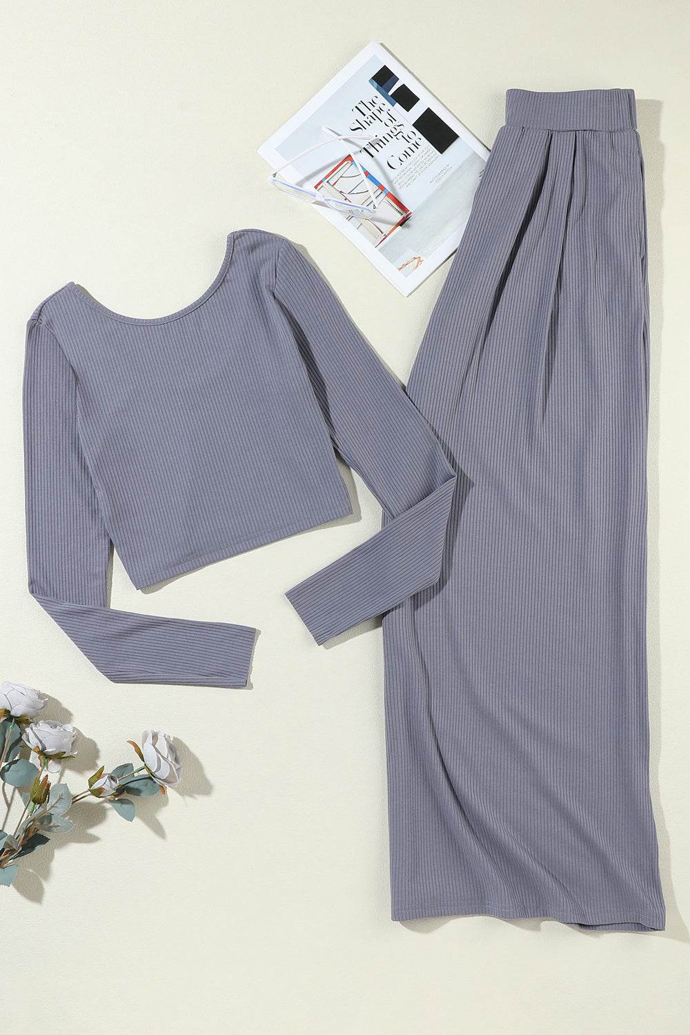 Ribbed Round Neck Top and Wide-Leg Pants Set - DaTrendStore.Com