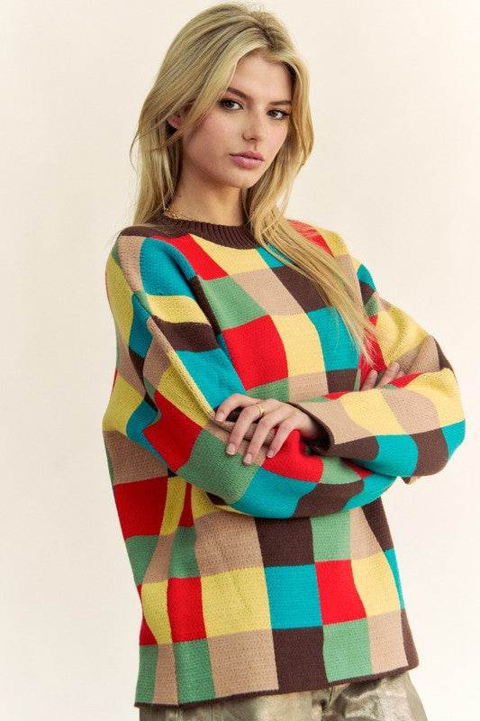 Davi & Dani Color Block Checkered Dropped Shoulder Sweater - DaTrendStore.Com