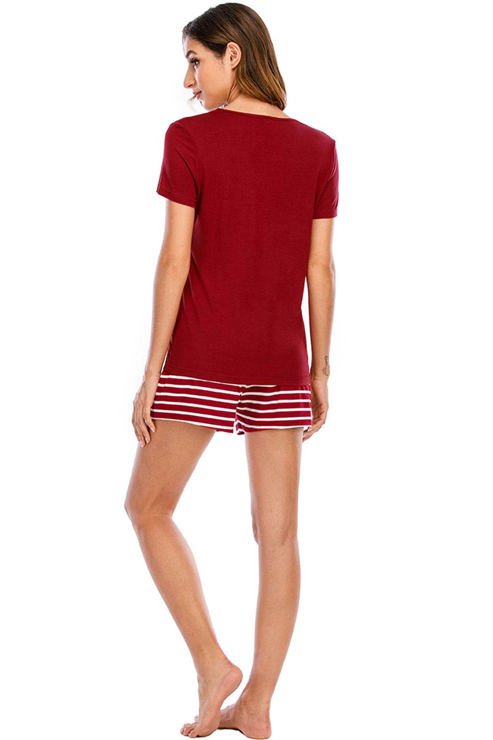 Graphic Round Neck Top and Striped Shorts Lounge Set - DaTrendStore.Com
